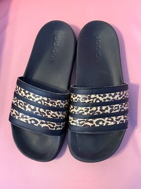 adidas Black Slides with Leopard Straps